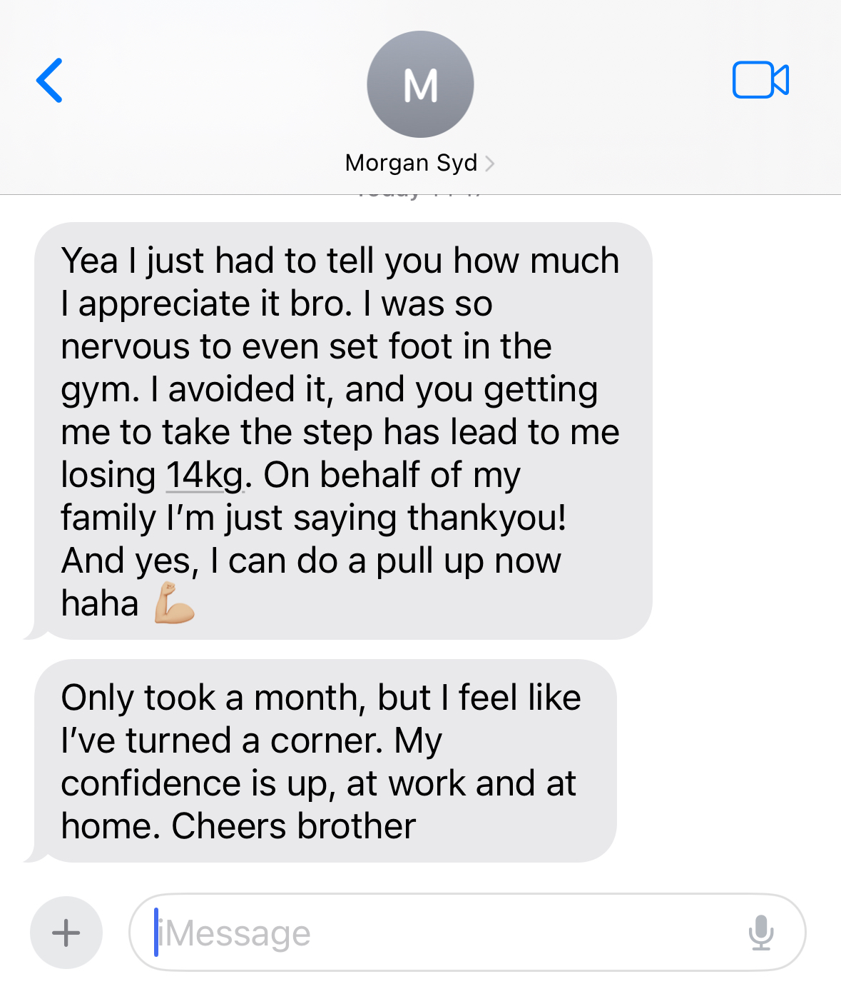 Text message from Morgan: getting to the gym led to losing 14kg and being able to do a pull-up